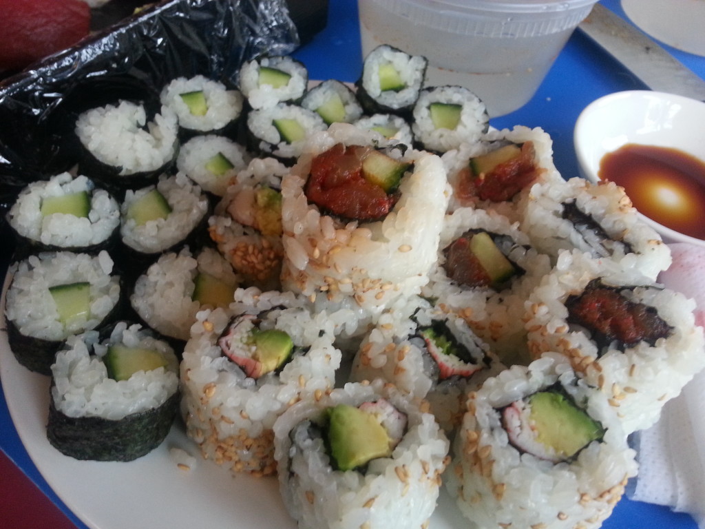 Cucumber rolls, spicy tuna, avocado rolls, and crab rolls.