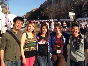 Sara Haider (Hyogo 2011-2012), Command Center chair Joy Young (Wakayama 2009-2012), Beth Slupski, and friends enjoy the awesome weather as the day festival begins to wind down.