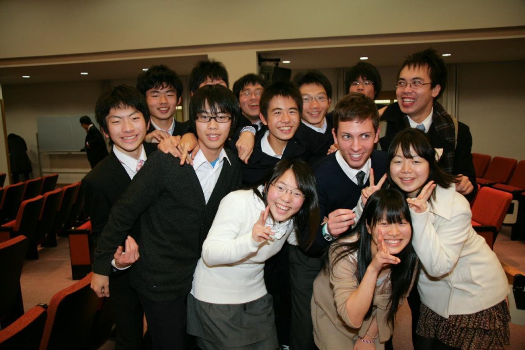 Myself and British ALT Benjamin Pass at the 5th Annual High School English Debate Tournament in 2010 with members of the Ina Kita High School from Nagano for whom we judged for and members of other schools as well.