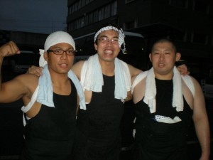 Myself, my best japanese friend and his friend after carrying a mikoshi during a city festival. 